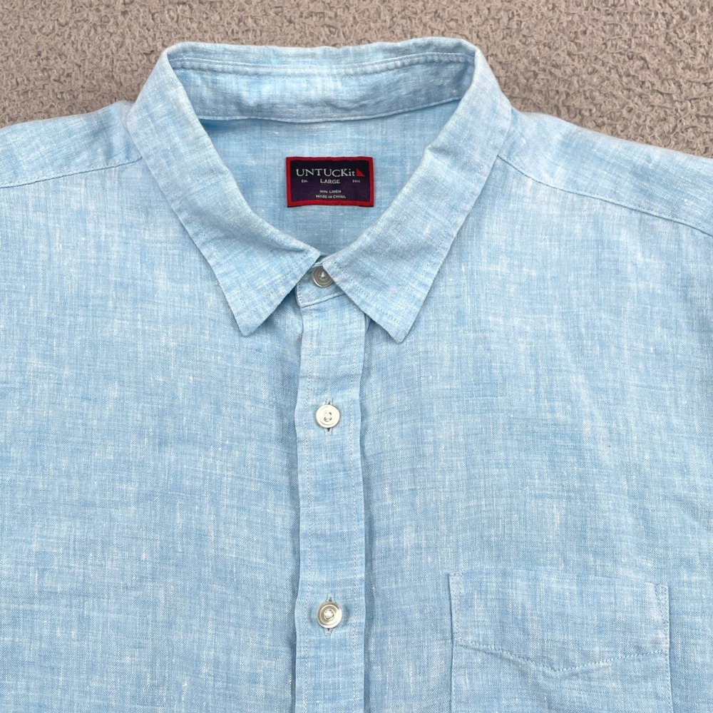 UNTUCKit Button Down Shirt Mens Large Light Blue Linen Long Sleeve Casual Pocket